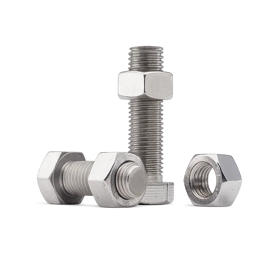 Close-up of shiny metal bolts and nuts on a gray gradient background.