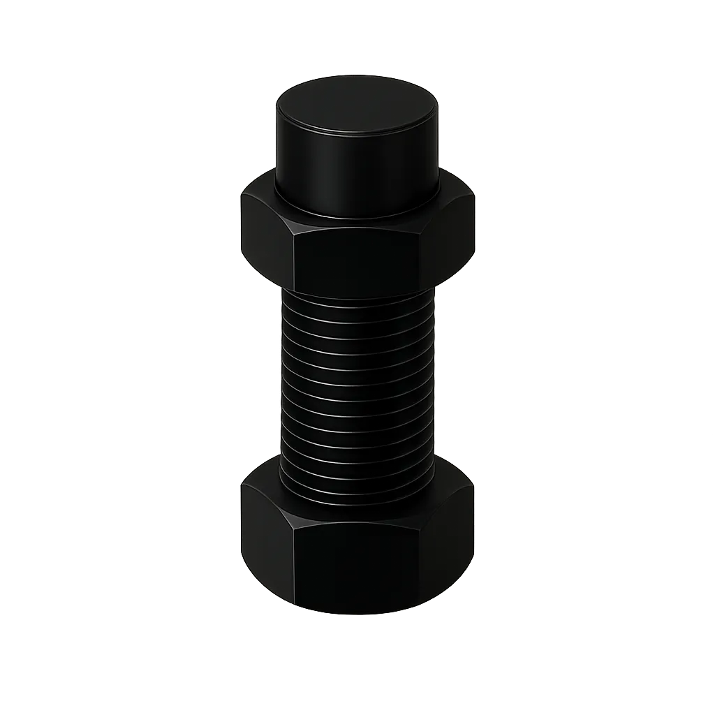 Black zinc flake bolt with matching hex nut on a gray background.