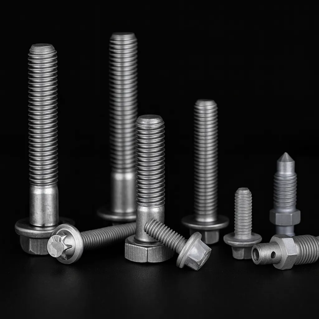 Various silver metal bolts and screws arranged on a black surface with a black background.