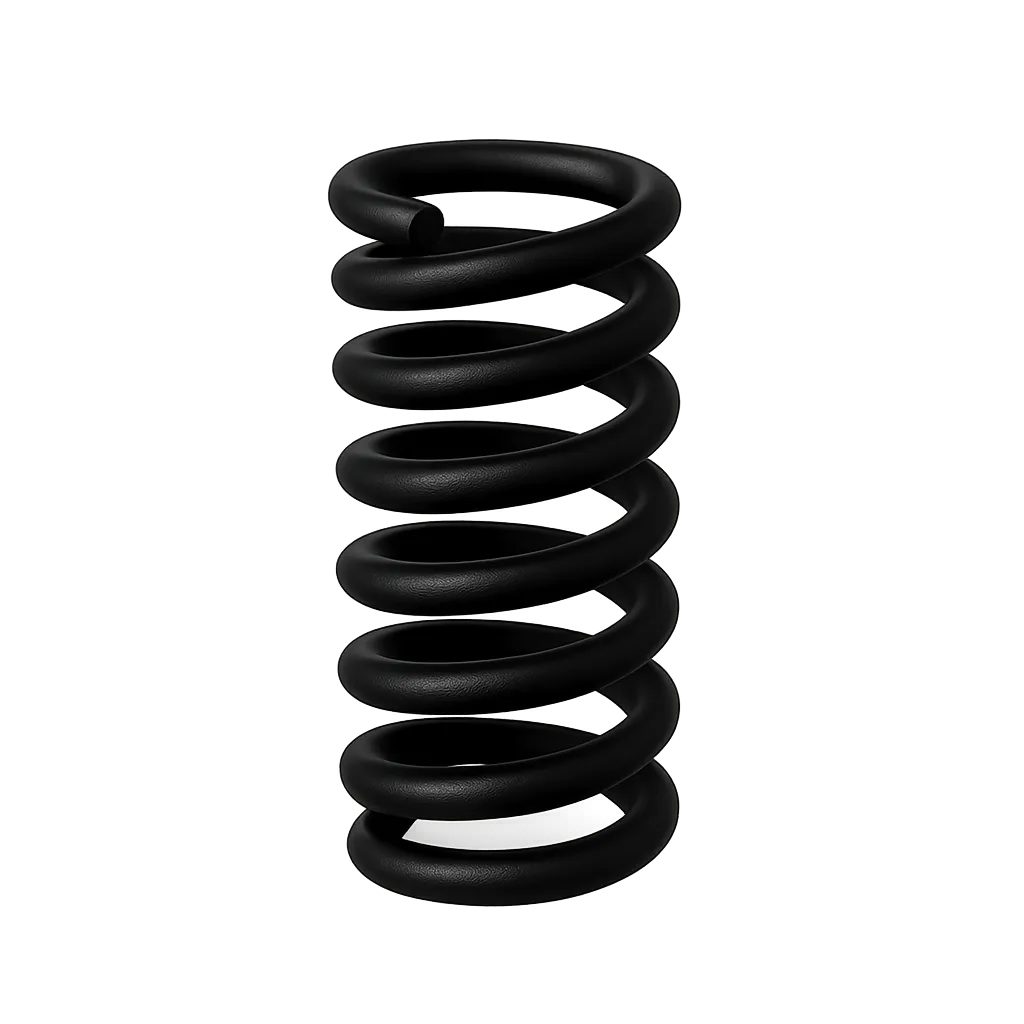 Close-up of a black rubber-coated coil spring on a grey background.