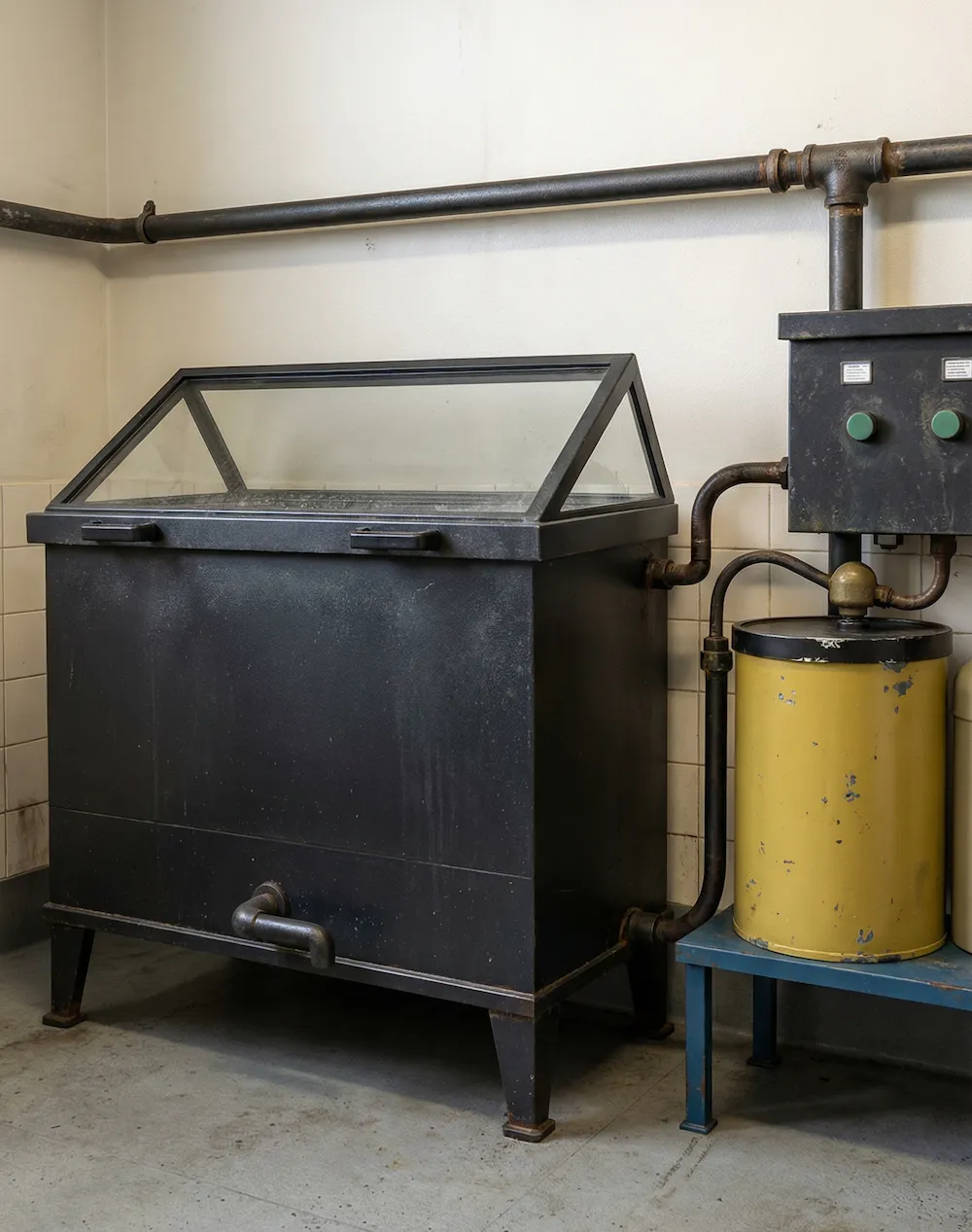 Industrial black metal water bath with clear glass lid connected by pipes to control panel and yellow tank in a tiled room.