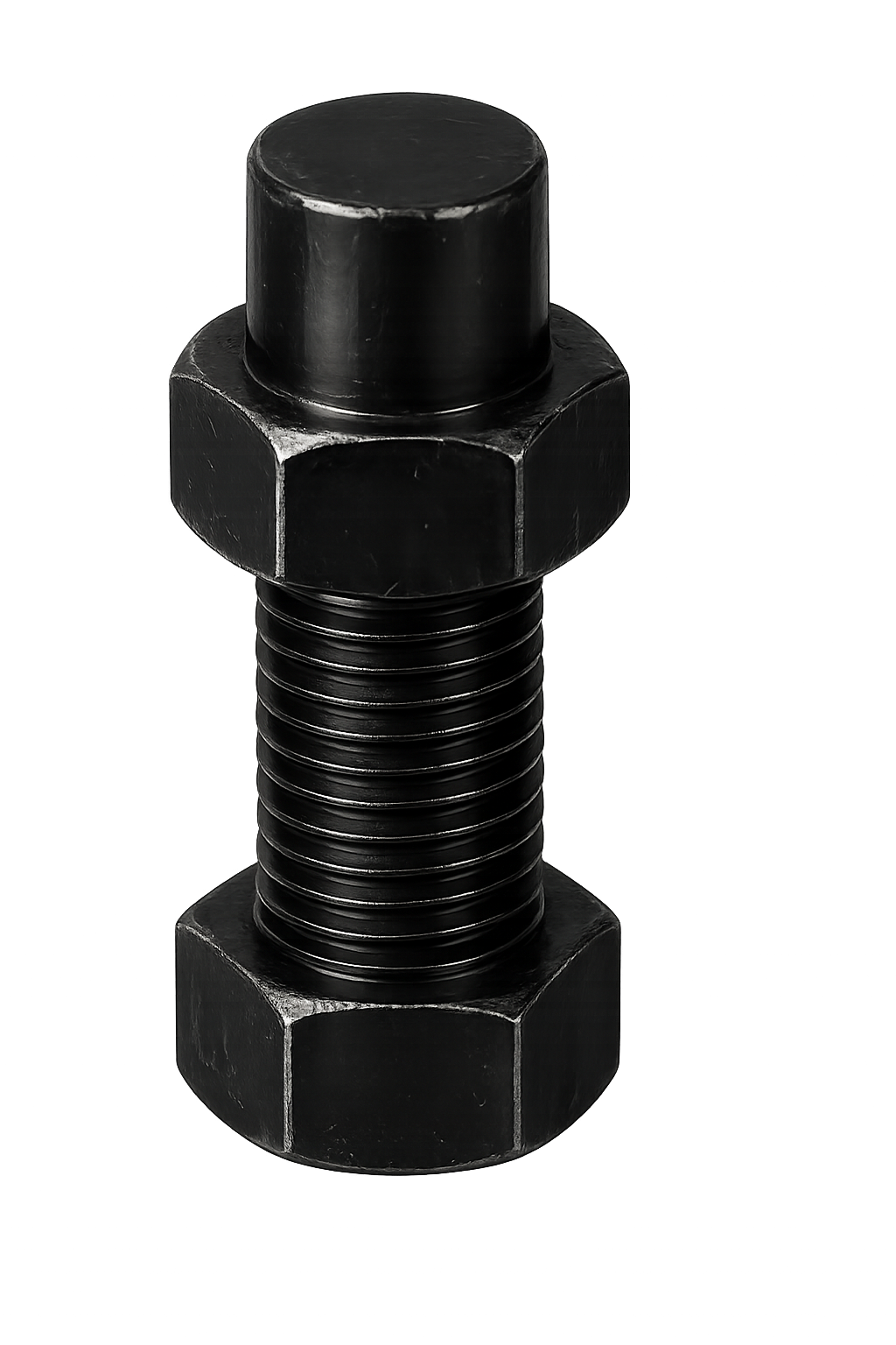 Black zinc flake bolt with matching hex nut on a gray background.