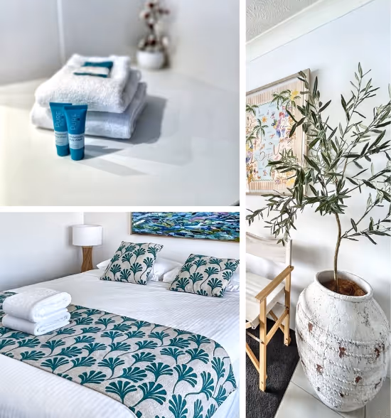 Collage of a neatly made bed with teal patterned pillows and runner, folded towels with toiletries, and a large potted olive tree next to a wooden chair under a framed artwork.
