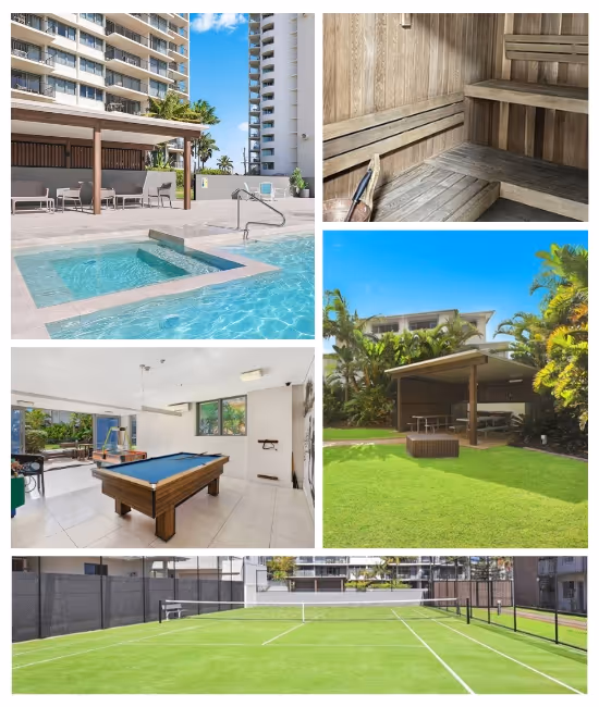 Collage of recreational amenities including an outdoor swimming pool with lounge chairs, a wooden sauna interior, a covered patio with seating on green lawn, an indoor billiards room, and a tennis court with green artificial grass.