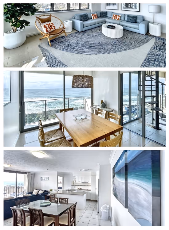 Three modern interior views: a living room with gray sectional sofa and patterned rug; a dining area with wooden table and ocean view; and an open kitchen with glass dining table and ocean-themed wall art.