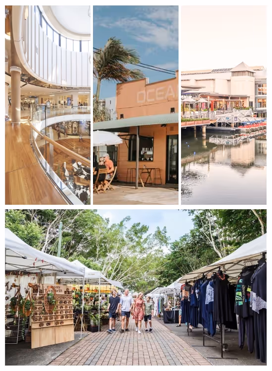 Collage of four images showing a modern indoor shopping mall with wooden floors, a small outdoor café with a palm tree, a waterside shopping and dining area, and an outdoor market with people walking among vendor tents.