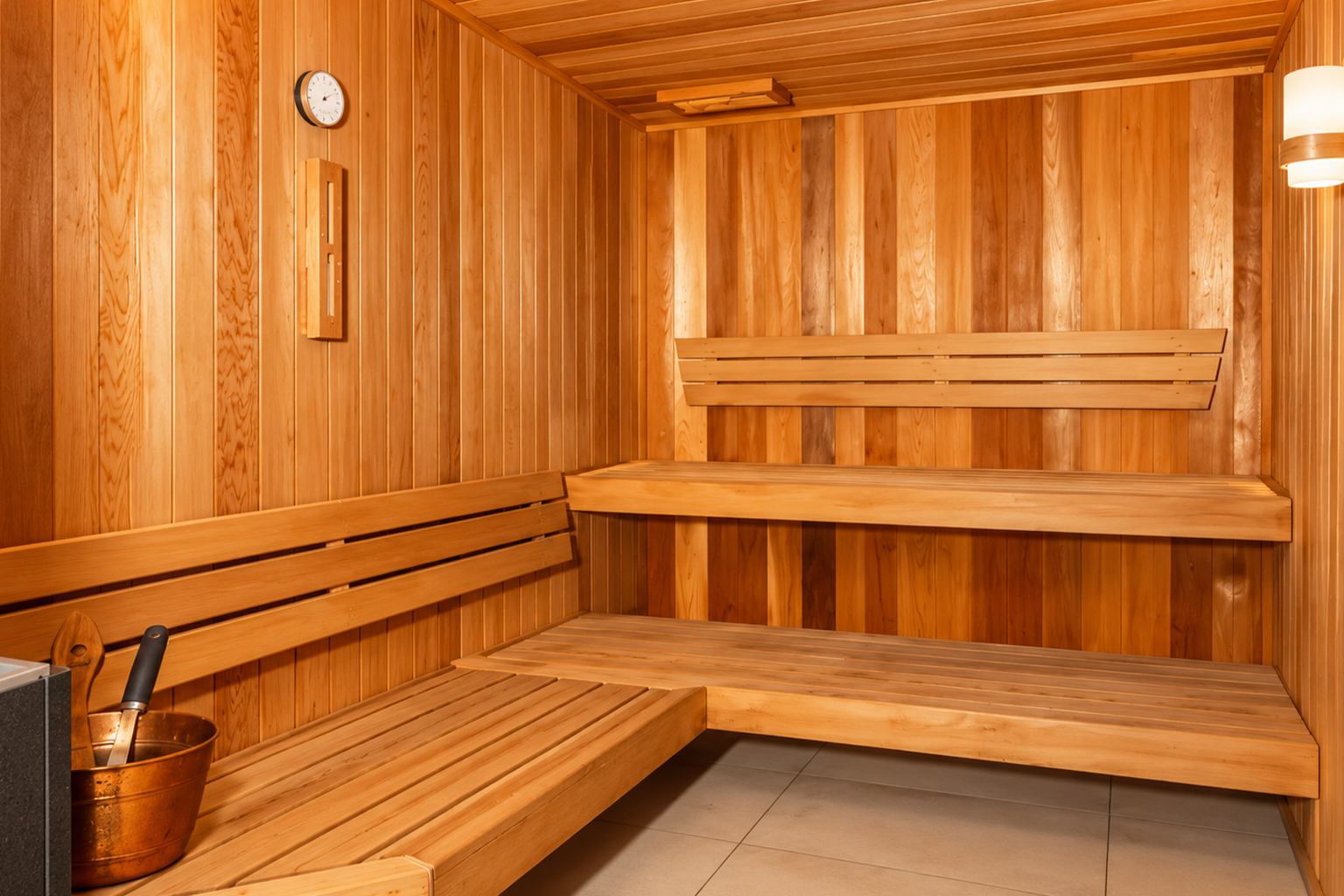 Interior of a wooden sauna with two levels of bench seating, a wall clock, a thermometer, a copper bucket with a ladle, and a wall-mounted light.
