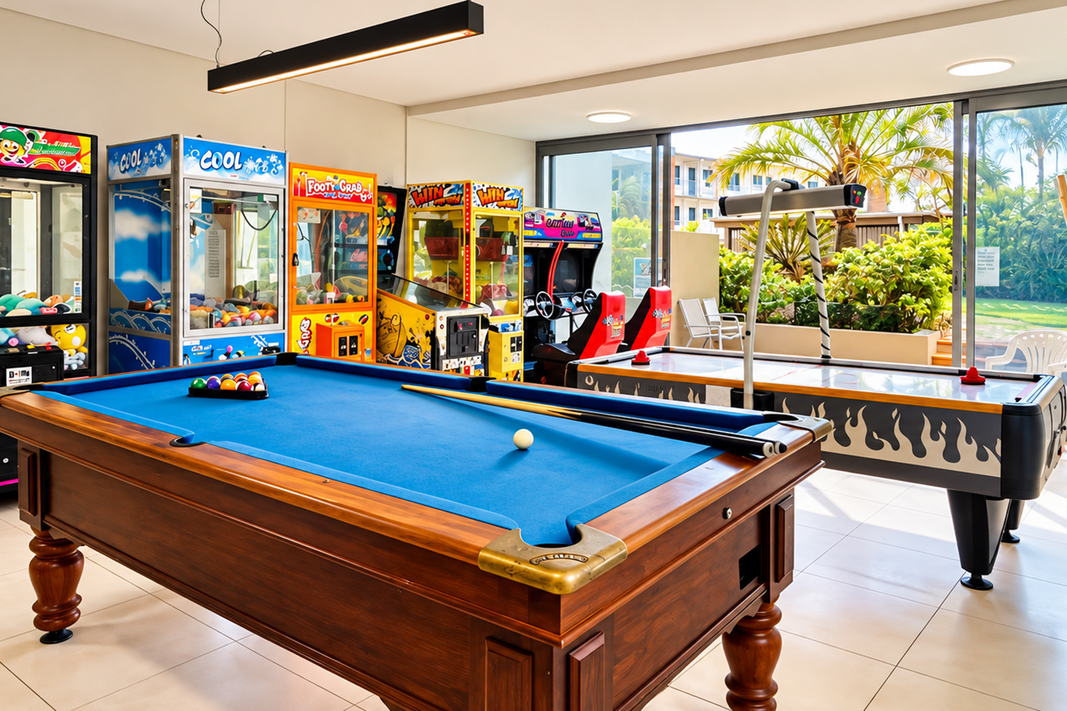 Bright game room with a wooden pool table with blue felt and balls set for play, an air hockey table with flame design, claw machines filled with plush toys, and racing arcade games near large glass sliding doors showing an outdoor garden.