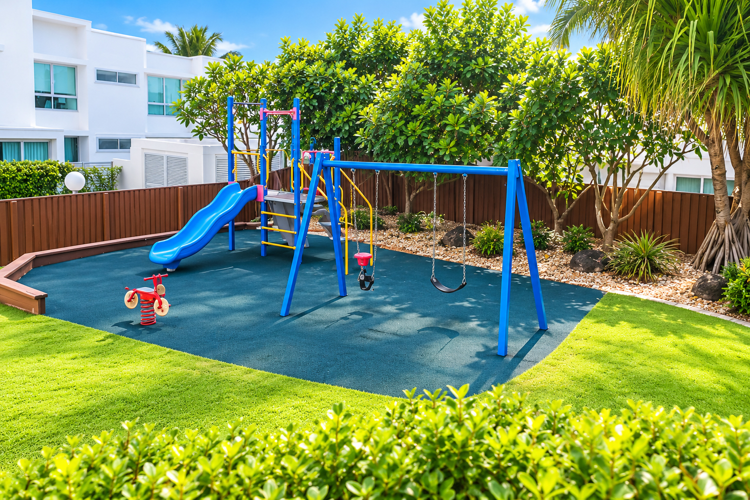 Outdoor playground with a blue slide, blue and yellow climbing structure, two swings—one infant swing and one regular—and a red spring rider, surrounded by green grass, trees, and a wooden fence.
