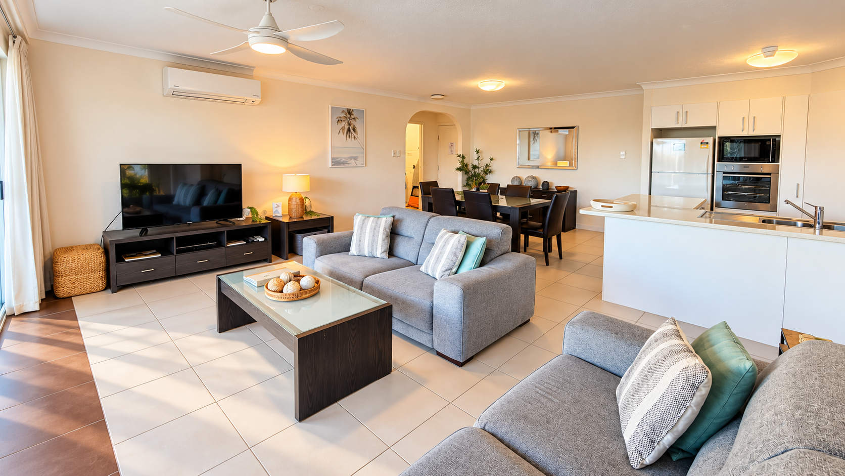 Bright open living room with gray upholstered sofas, striped and teal pillows, glass-top coffee table with decorative balls, flat-screen TV on dark wooden stand, ceiling fan, dining table with black chairs, and adjacent white kitchen with refrigerator, oven, microwave, and sink.