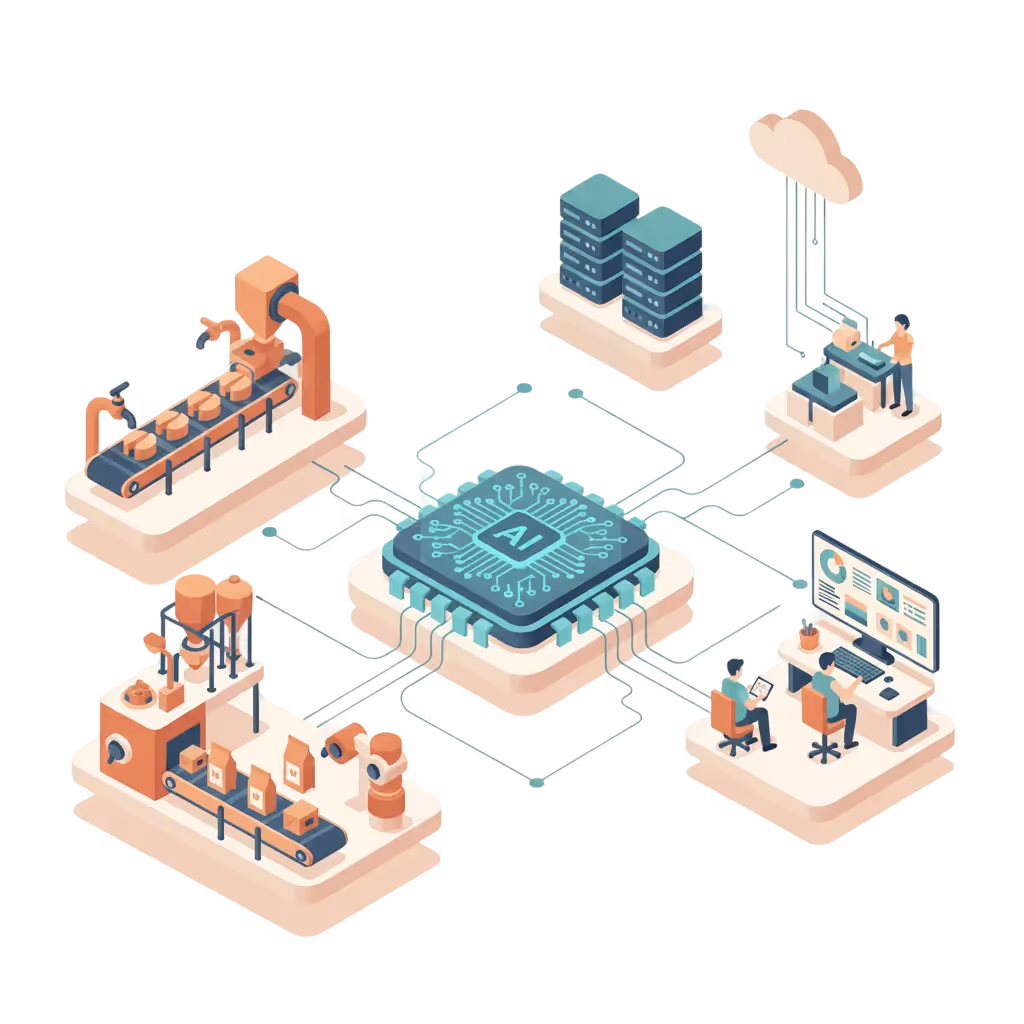 Isometric illustration of an AI microchip connected to manufacturing machines, data servers, cloud computing, and office workers analyzing data on a computer.