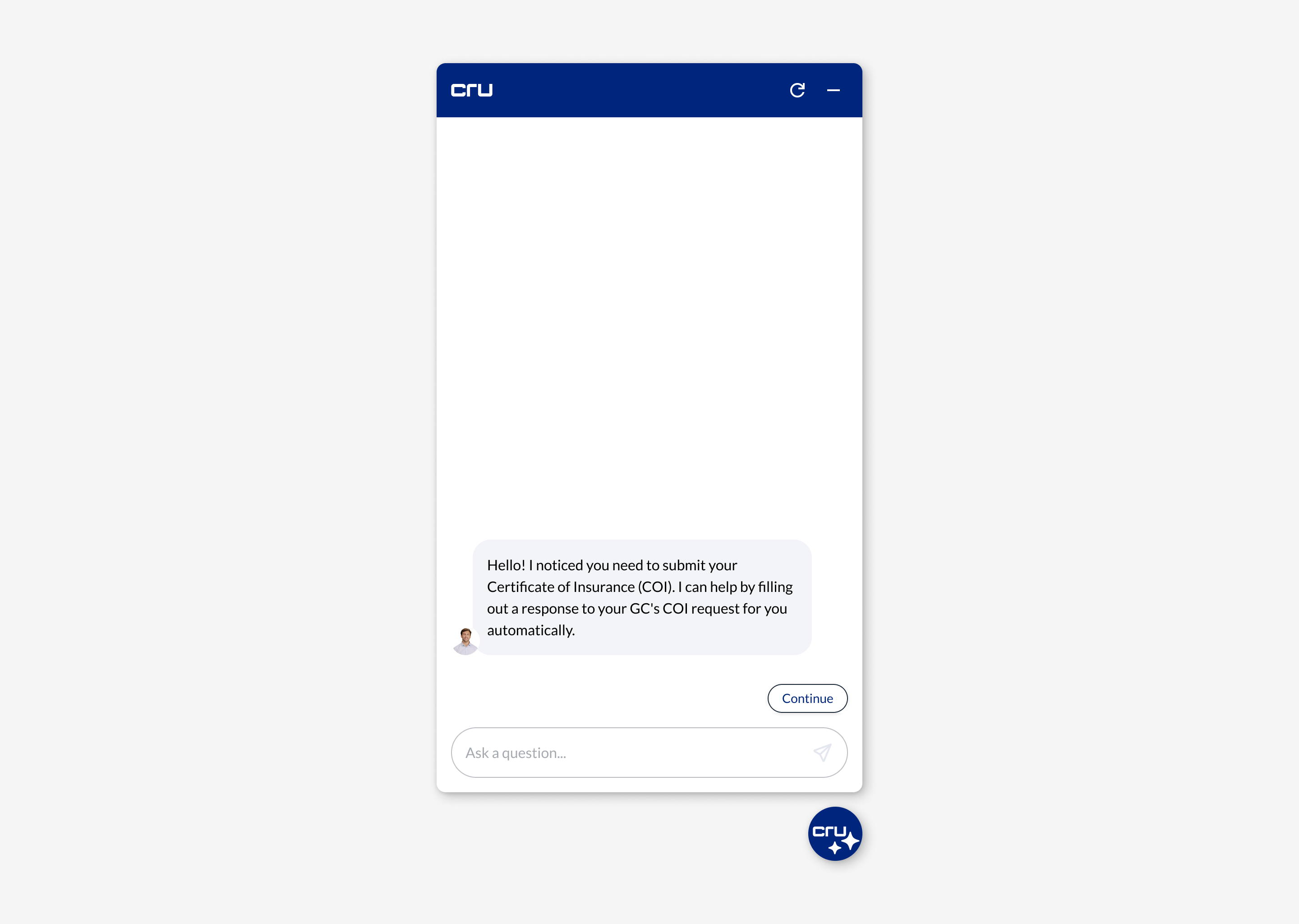 Chatbot interface displaying a message offering help to submit a Certificate of Insurance automatically, with a user avatar and a Continue button.