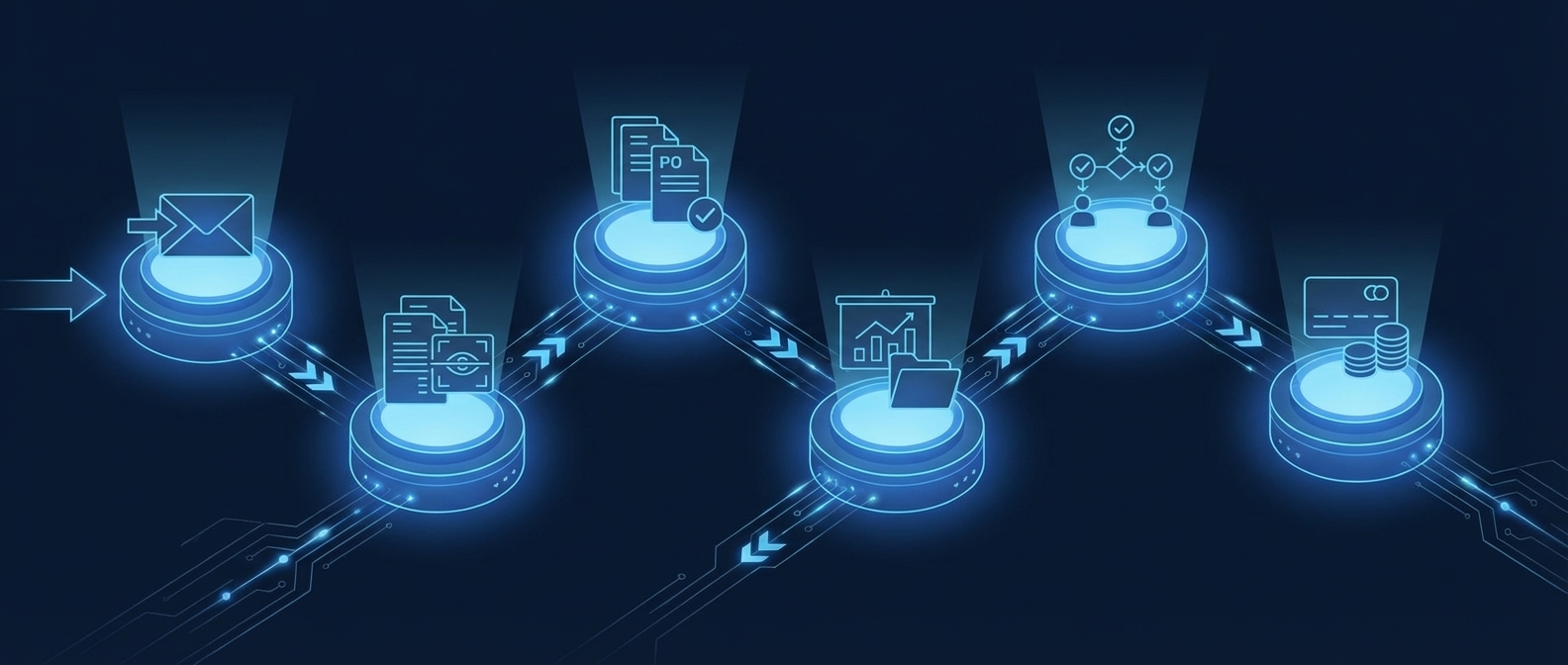 Automated invoice processing pipeline showing six steps from email receipt through data extraction, PO matching, job coding, approval routing, and payment scheduling