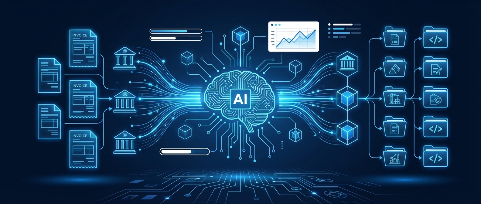 Automated bookkeeping and transaction coding — AI organizing construction job cost data into structured ledger nodes