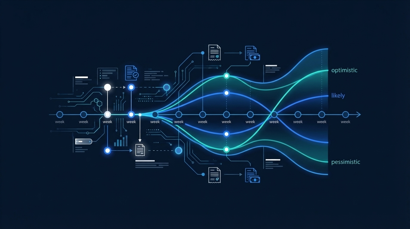 Rolling 13-week cash flow forecast visualization — AI-powered scenario modeling for subcontractor payment timelines