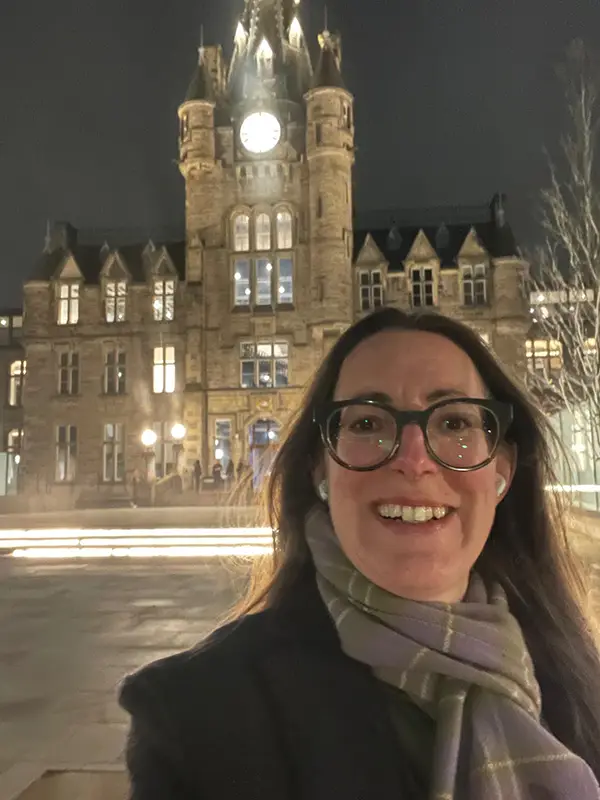 Fiona Day, director of Fusion Animation, stood in front of the Edinburgh Futures Institute building.