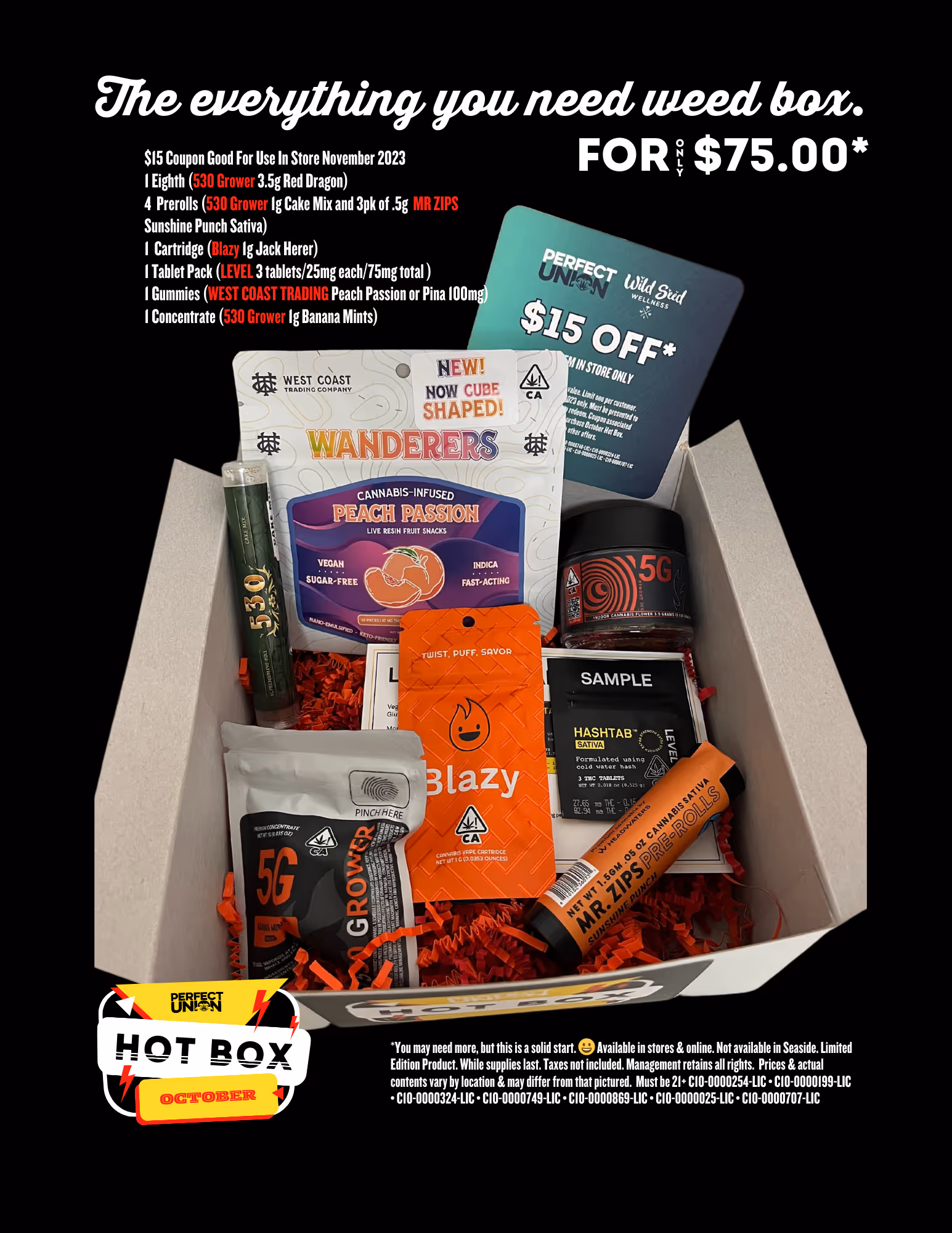 October Hot Box is a Spirited Treat, October 2023 value weed box at Perfect Union on sale October 1, 2023 while supplies last.