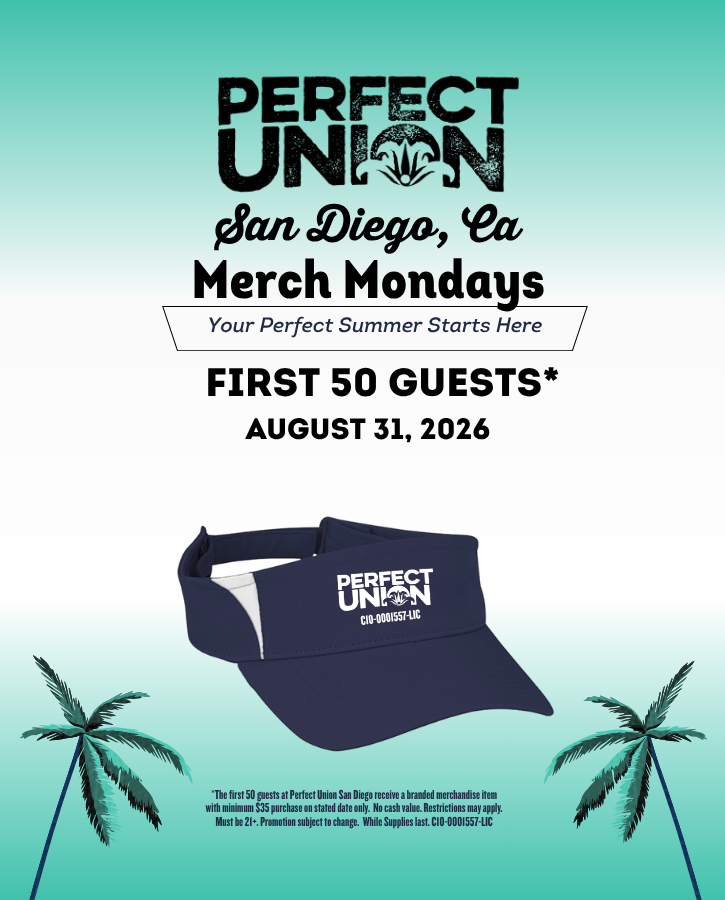 Perfect Union San Diego Visors Monday Aug 31 2026 Your Perfect Summer Starts Here *The first 50 guests at Perfect Union San Diego receive a branded merchandise item with minimum $35 purchase on stated date only. No cash value. Restrictions may apply. Must be 21+. Promotion subject to change. While supplies last. C10-0001557-LIC with background colors that are mint, blue and black on the design.