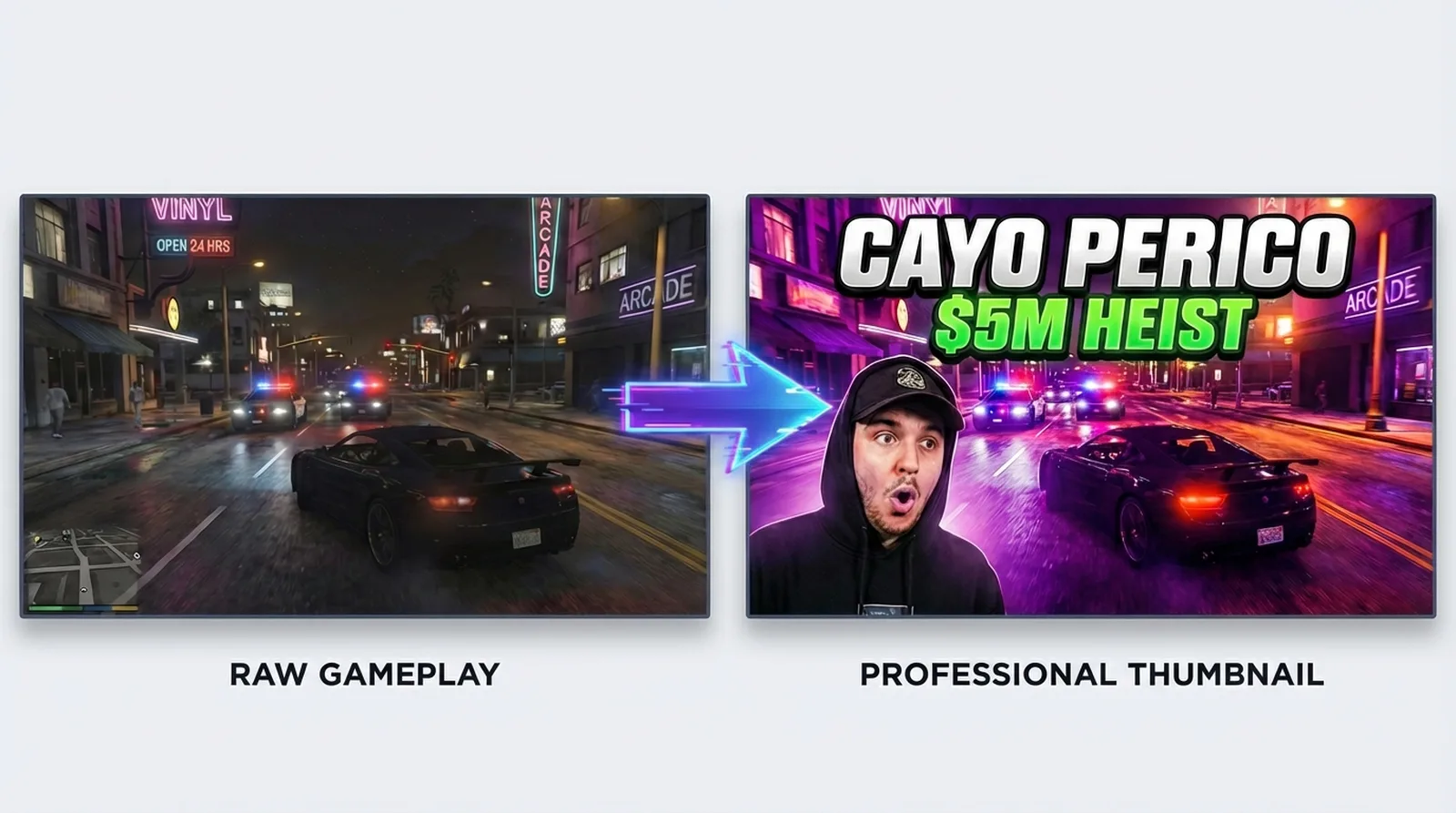 GTA thumbnail before and after comparison showing cinematic upgrade