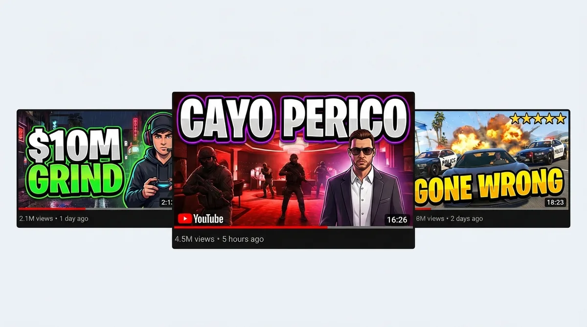 Bold neon text overlay on a GTA thumbnail for mobile readability