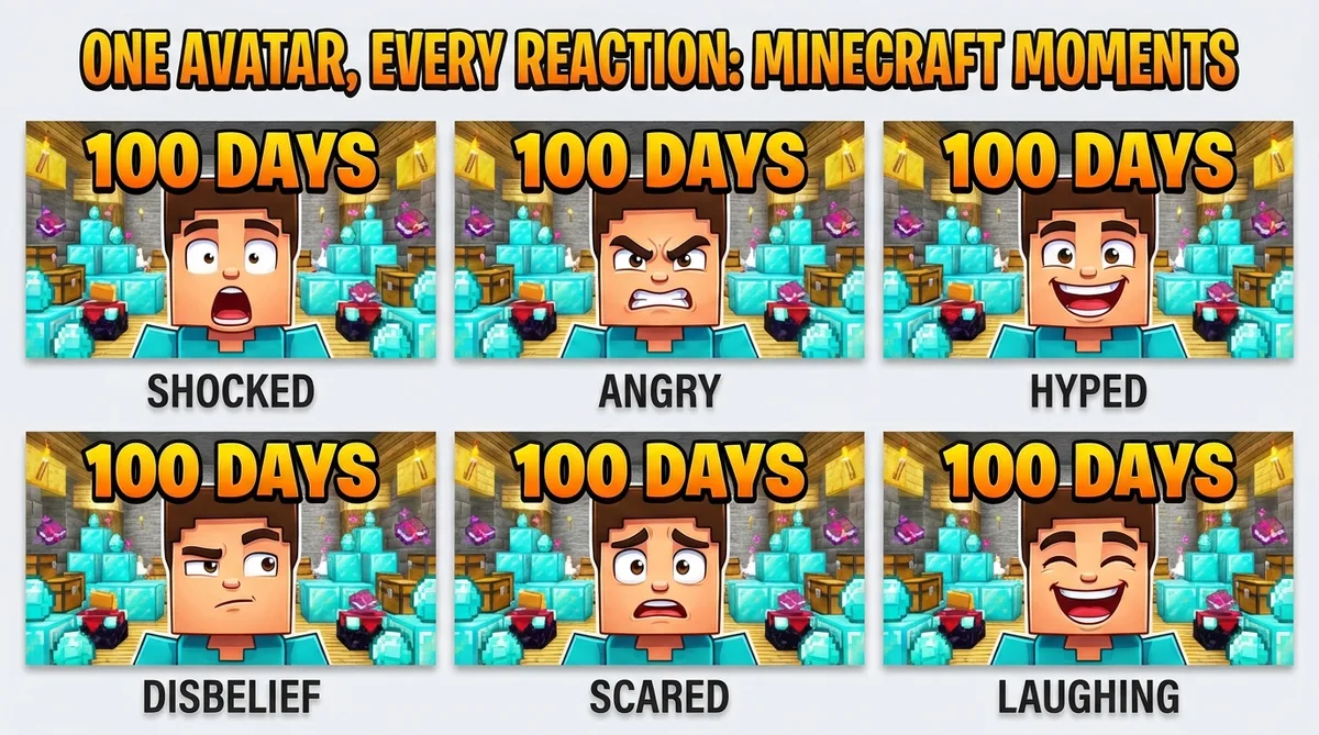 Expression presets applied to Minecraft avatar for survival reaction thumbnails