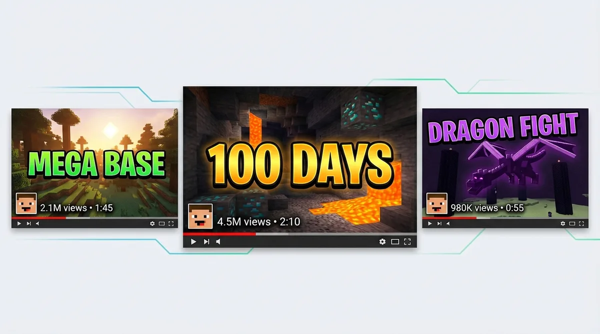 Bold text overlay on a Minecraft build thumbnail for mobile readability