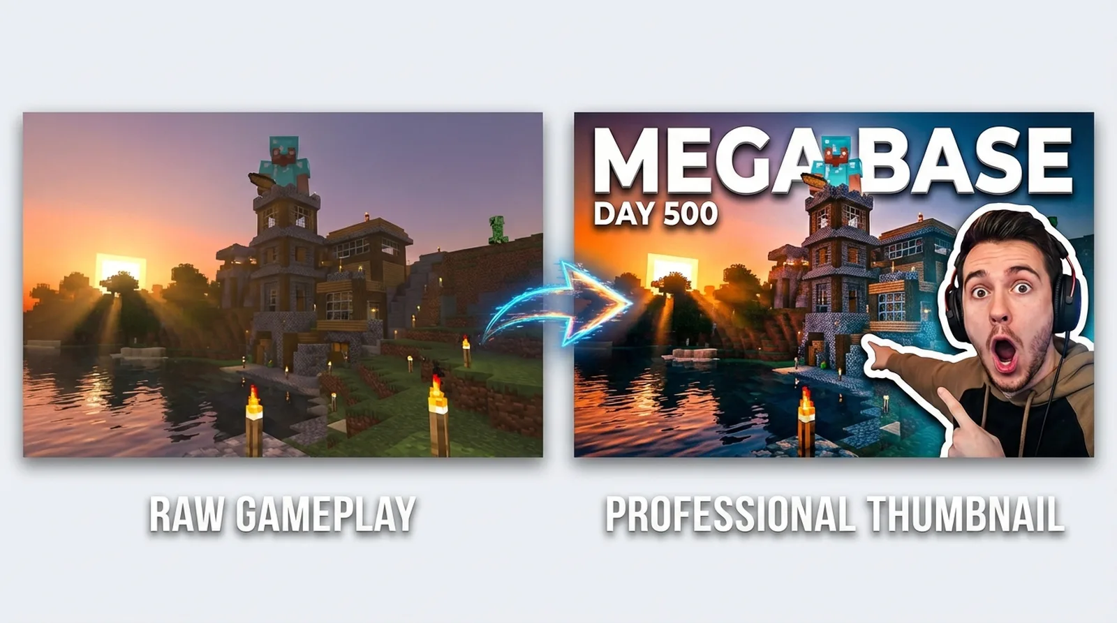 Minecraft thumbnail before and after comparison showing survival build upgrade