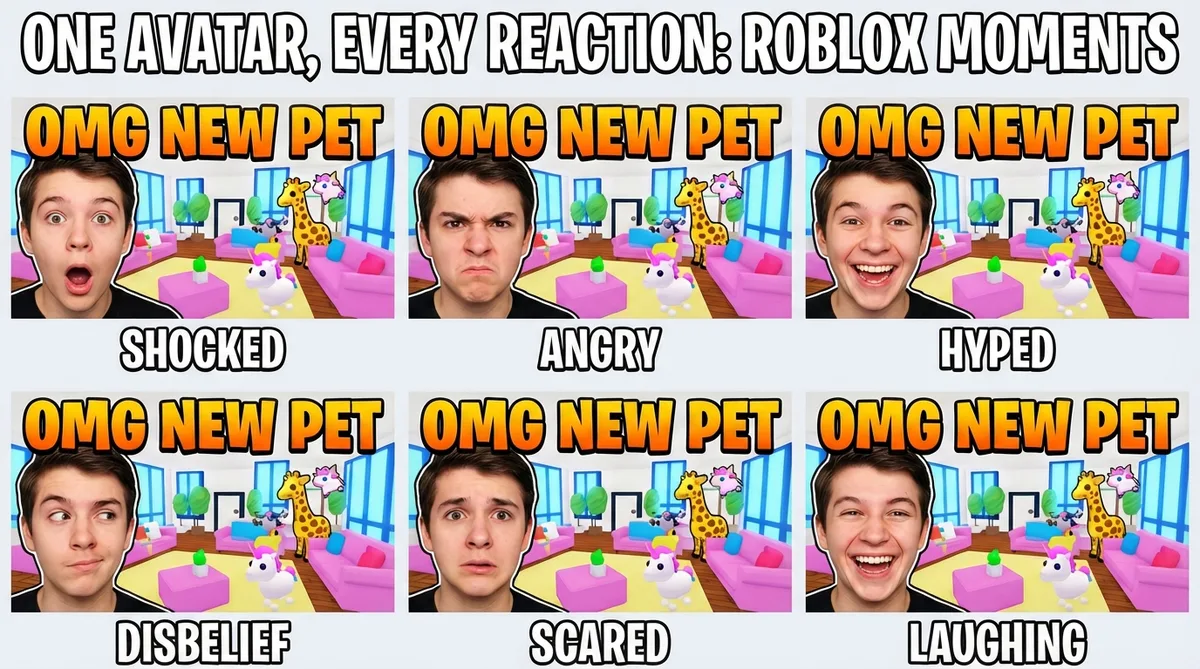 Six expression preset variants for Roblox thumbnails showing shocked, angry, hyped, disbelief, scared, and laughing reactions