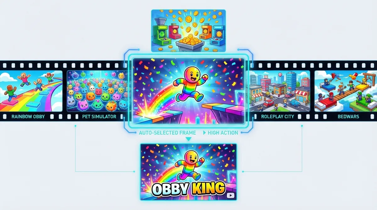 Film strip of Roblox gameplay scenes with auto-selected high-action frame for thumbnail generation