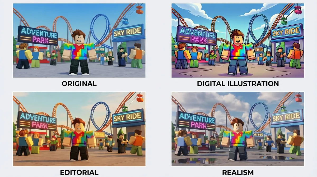 Four-panel filter comparison showing Original, Digital Illustration, Editorial, and Realism styles on a Roblox thumbnail