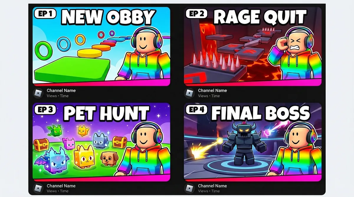 Roblox YouTube channel page with consistent episode series thumbnails using cloned layout style