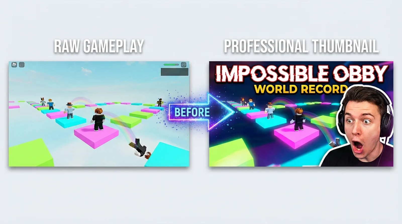 Roblox thumbnail maker showing colorful blocky character thumbnails generated from gameplay video