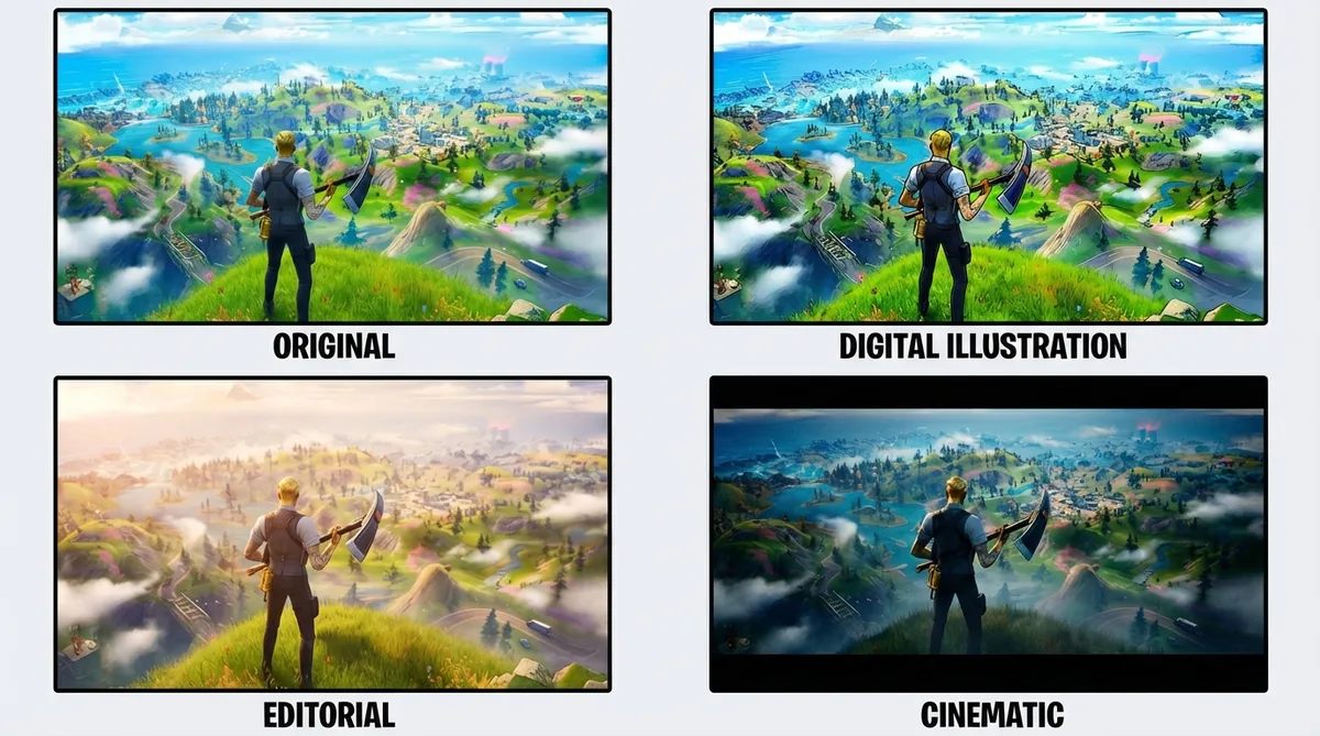 Digital Illustration filter comparison showing four styles on Fortnite gameplay
