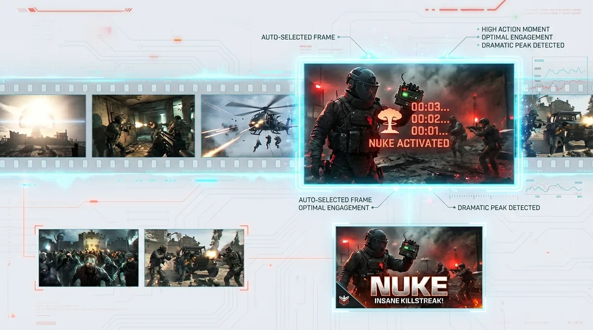 Film strip analyzing COD gameplay footage to select the highest-action frame for thumbnails