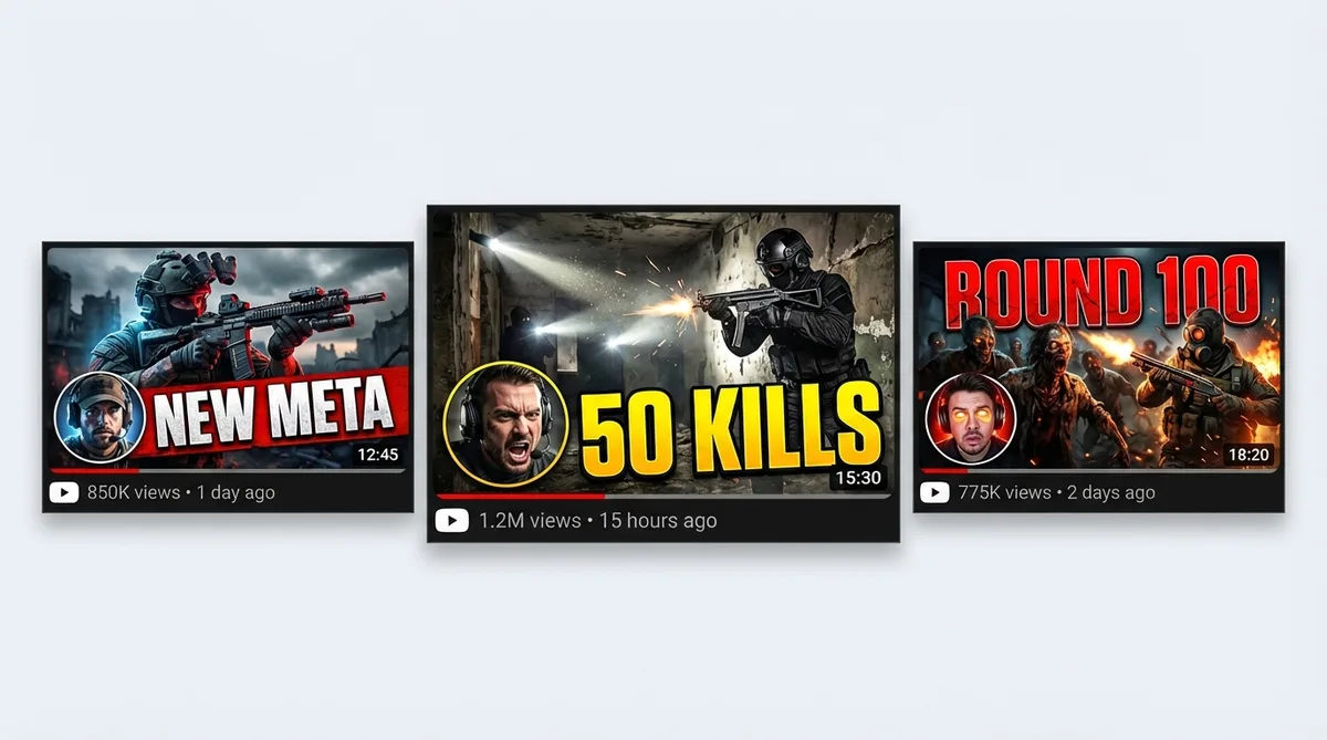 Three bold-text COD thumbnails showing NEW META, 50 KILLS, and ROUND 100