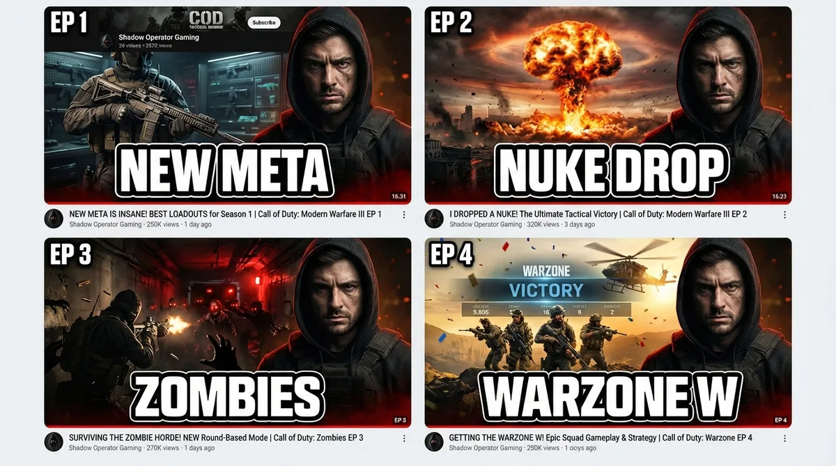 YouTube channel page showing consistent COD thumbnail series replicated with Thumbmagic