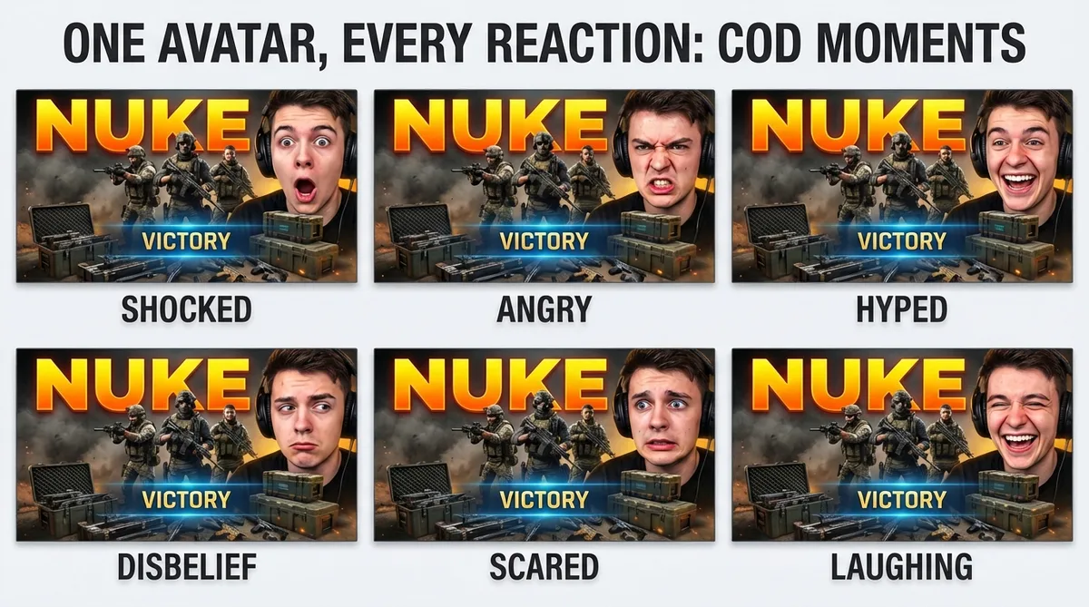 Six expression variants for COD thumbnails showing Shocked, Angry, Hyped, Disbelief, Scared, Laughing