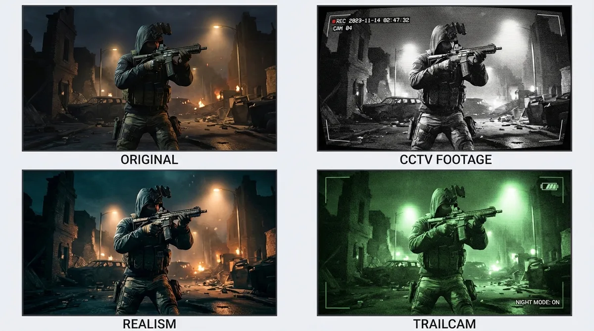 Four-panel filter comparison showing Original, CCTV Footage, Realism, and Trailcam on COD gameplay