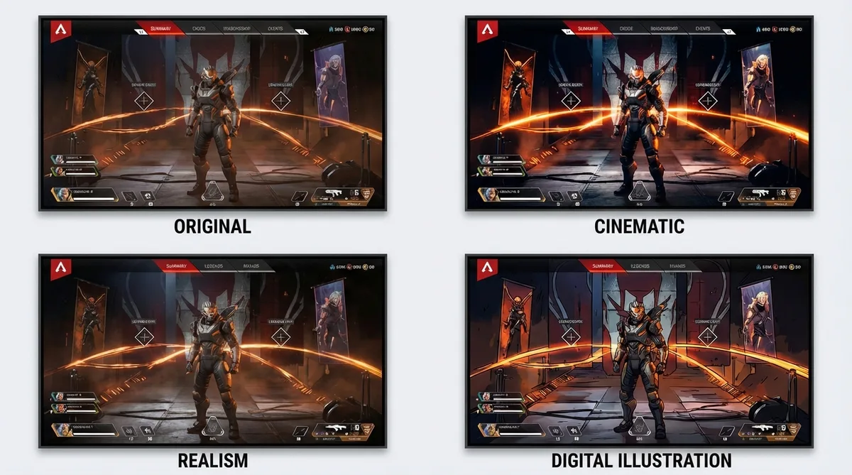 Four-panel filter comparison showing Original, Cinematic, Realism, and Digital Illustration on Apex gameplay