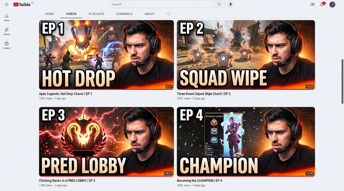 YouTube channel page showing consistent Apex Legends thumbnail series replicated with Thumbmagic