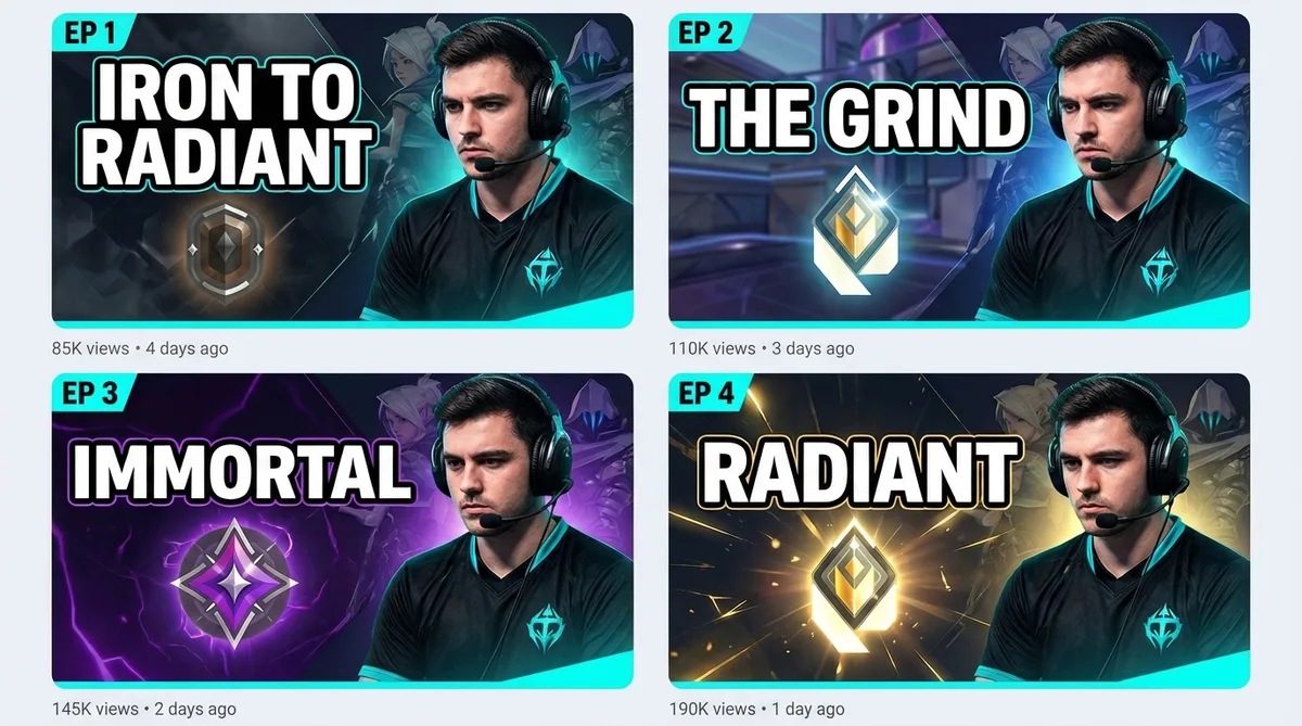 Valorant YouTube channel with consistent ranked series thumbnails from Iron to Radiant using cloned style