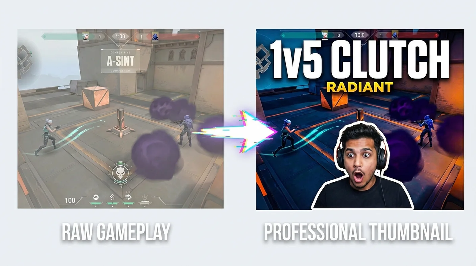 Valorant thumbnail maker showing agent-focused thumbnails generated from ranked gameplay video