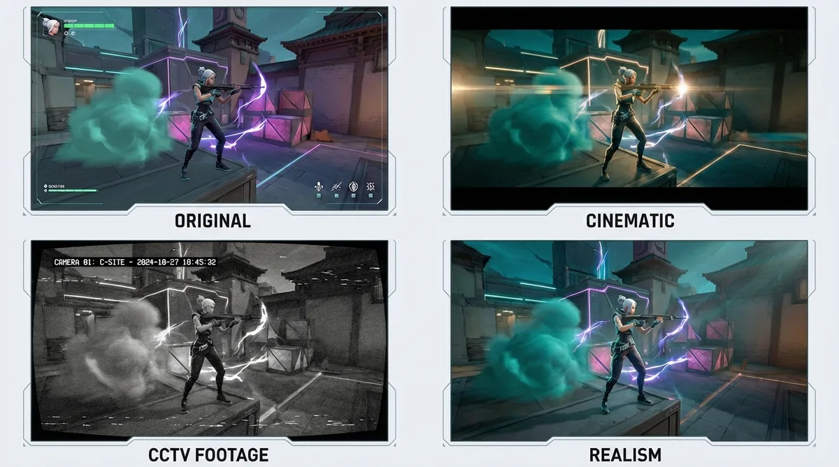 Four-panel filter comparison showing Original, Cinematic, CCTV Footage, and Realism styles on Valorant gameplay