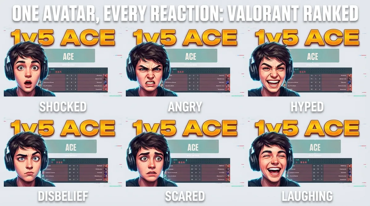 Six expression preset variants for Valorant thumbnails showing shocked, angry, hyped, disbelief, scared, and laughing reactions