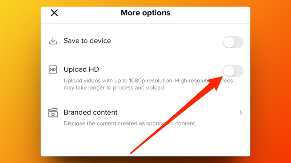 TikTok HD option for high definition video quality on upload tiktok