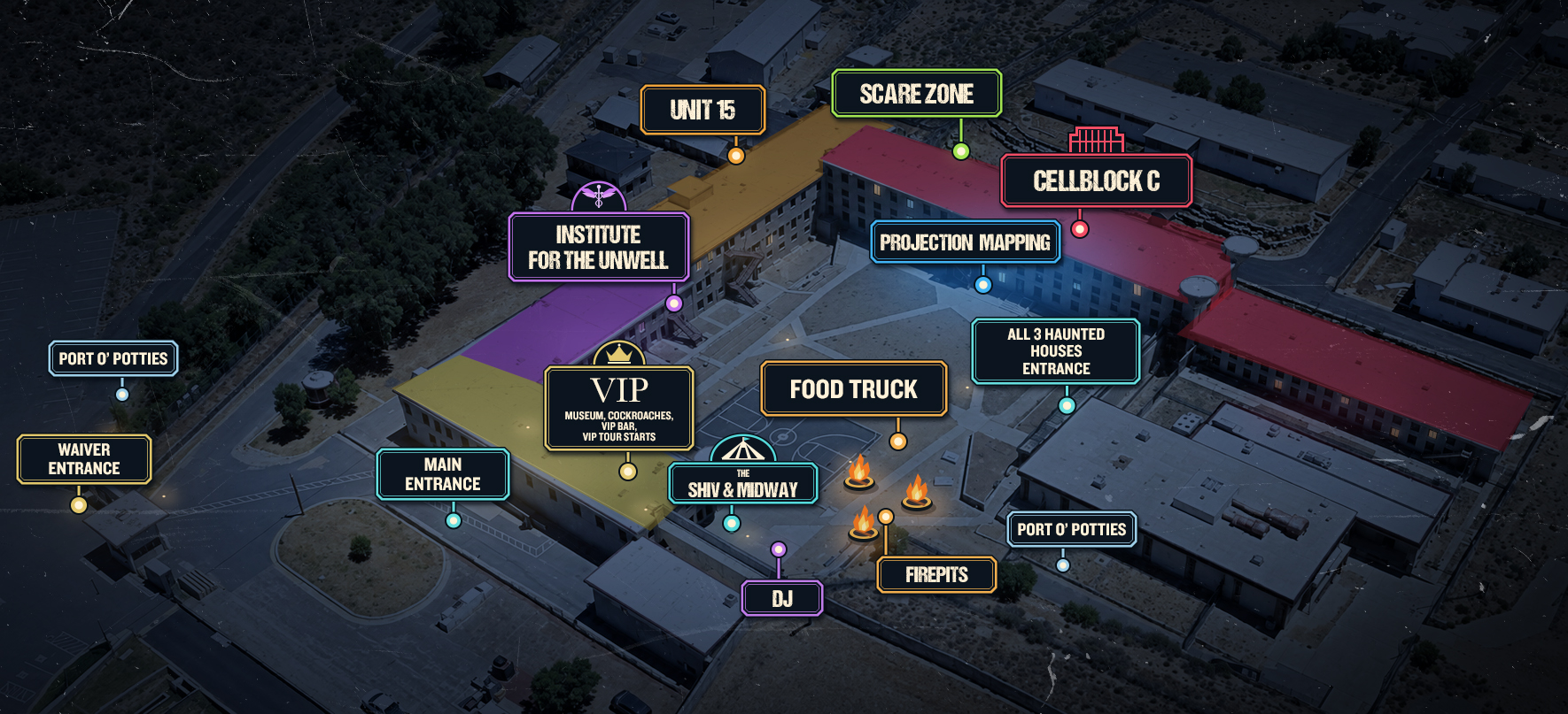 Dark Prison attraction map at night. Main and waiver entrances are at the lower left; Unit 15, the Institute for the Unwell, and Cellblock C surround the central yard. The shared haunted-house entrance is on the right. VIP, The Shiv and midway, food truck, DJ, firepits, and restrooms are labeled.