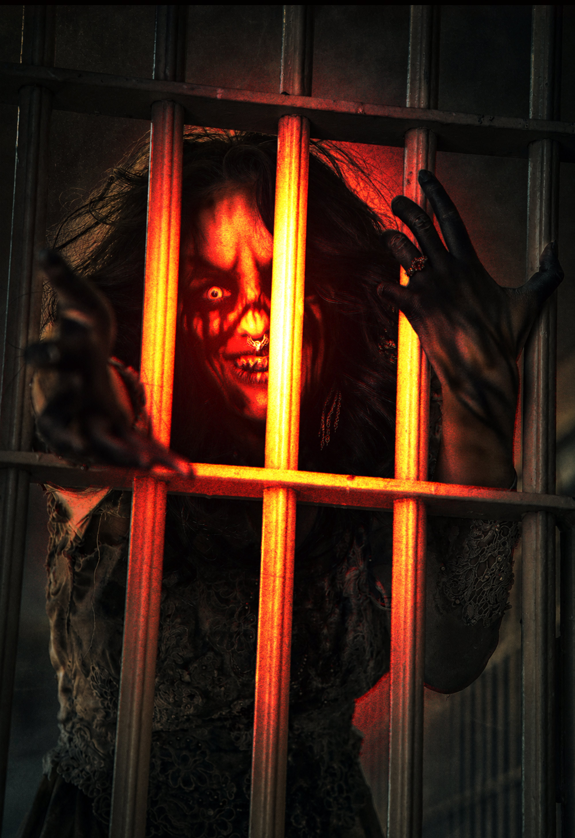 The Bride behind red-lit prison bars at Dark Prison.