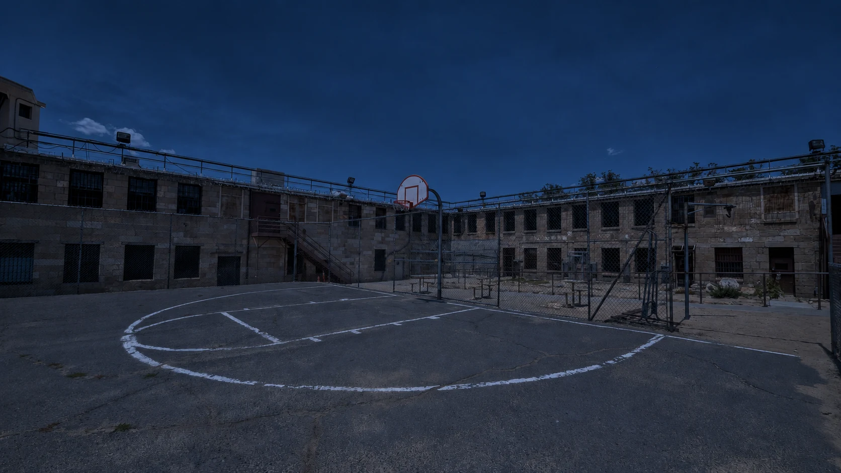 The prison court and cellblocks
