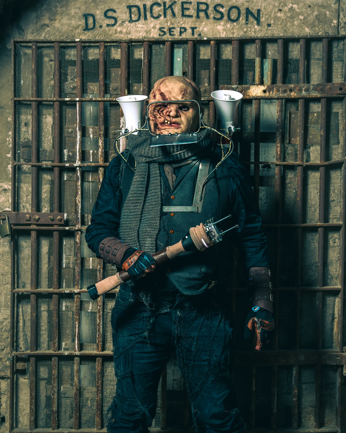 A Dark Prison performer at a historic cell door