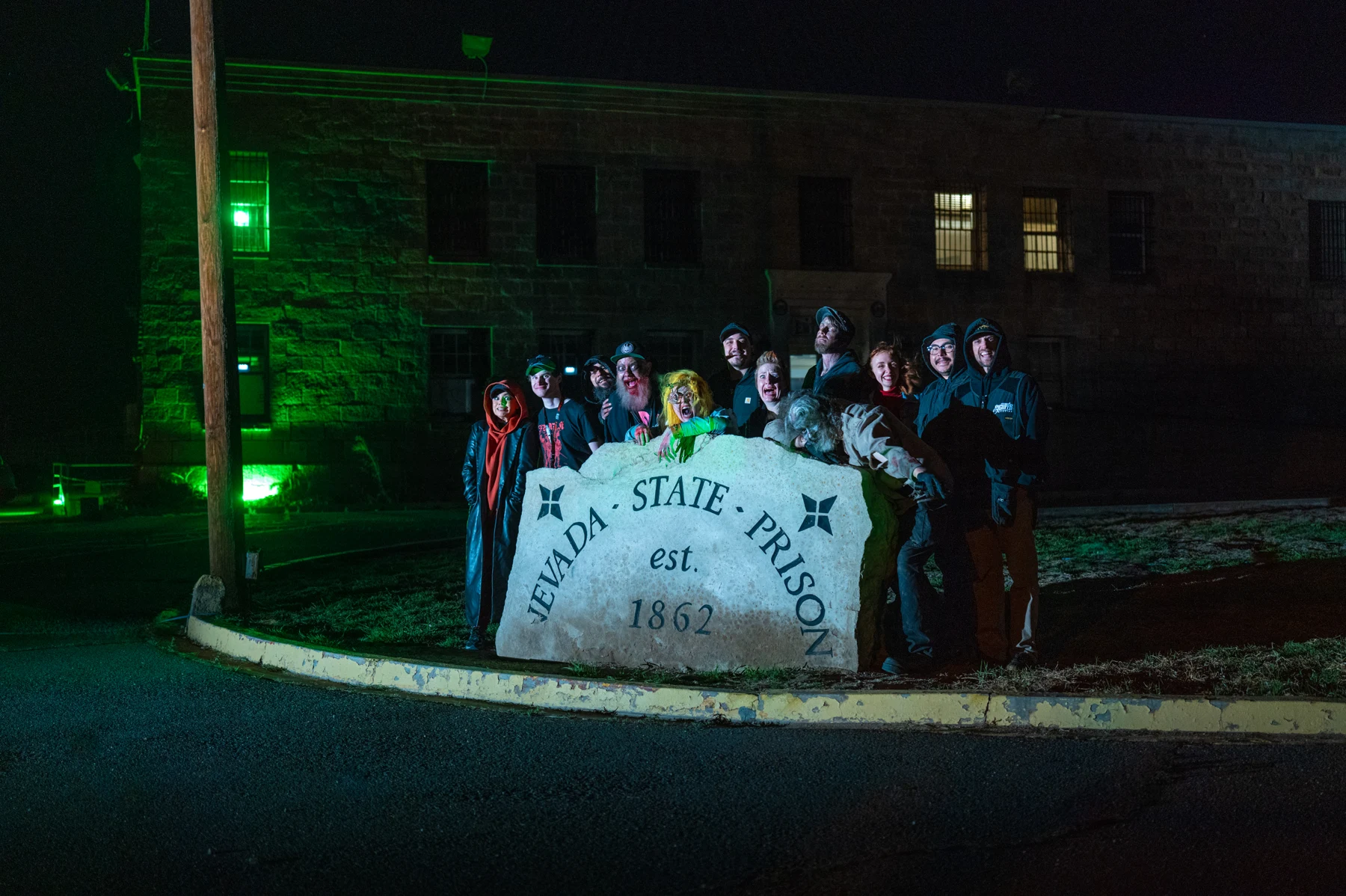 The prison entrance after dark